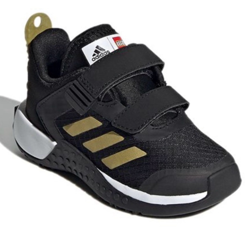 Adidas Kids Lego Black and Gold Shoes sz 5K. Black and gold hook&loop closure.